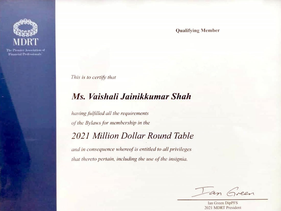 MDRT 2021 Qualifying Member certificate, Vaishali Jainikkumar Shah