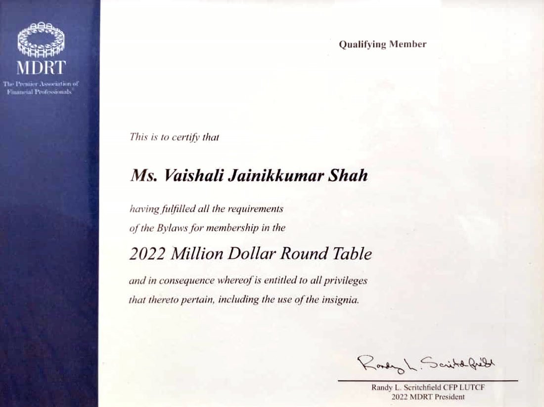 MDRT 2022 Qualifying Member certificate, Vaishali Jainikkumar Shah