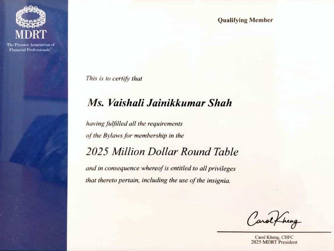 MDRT 2025 Qualifying Member certificate, Vaishali Jainikkumar Shah
