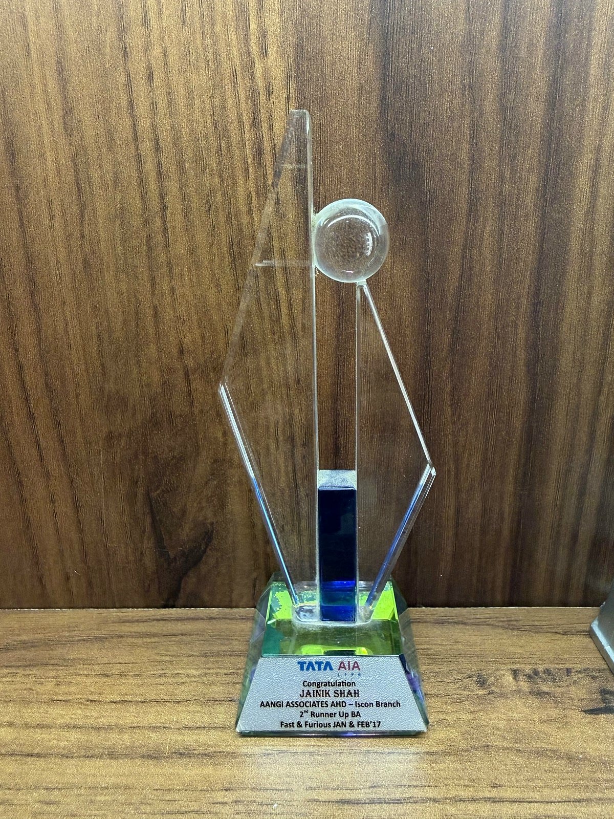 TATA AIA recognition award, glass trophy