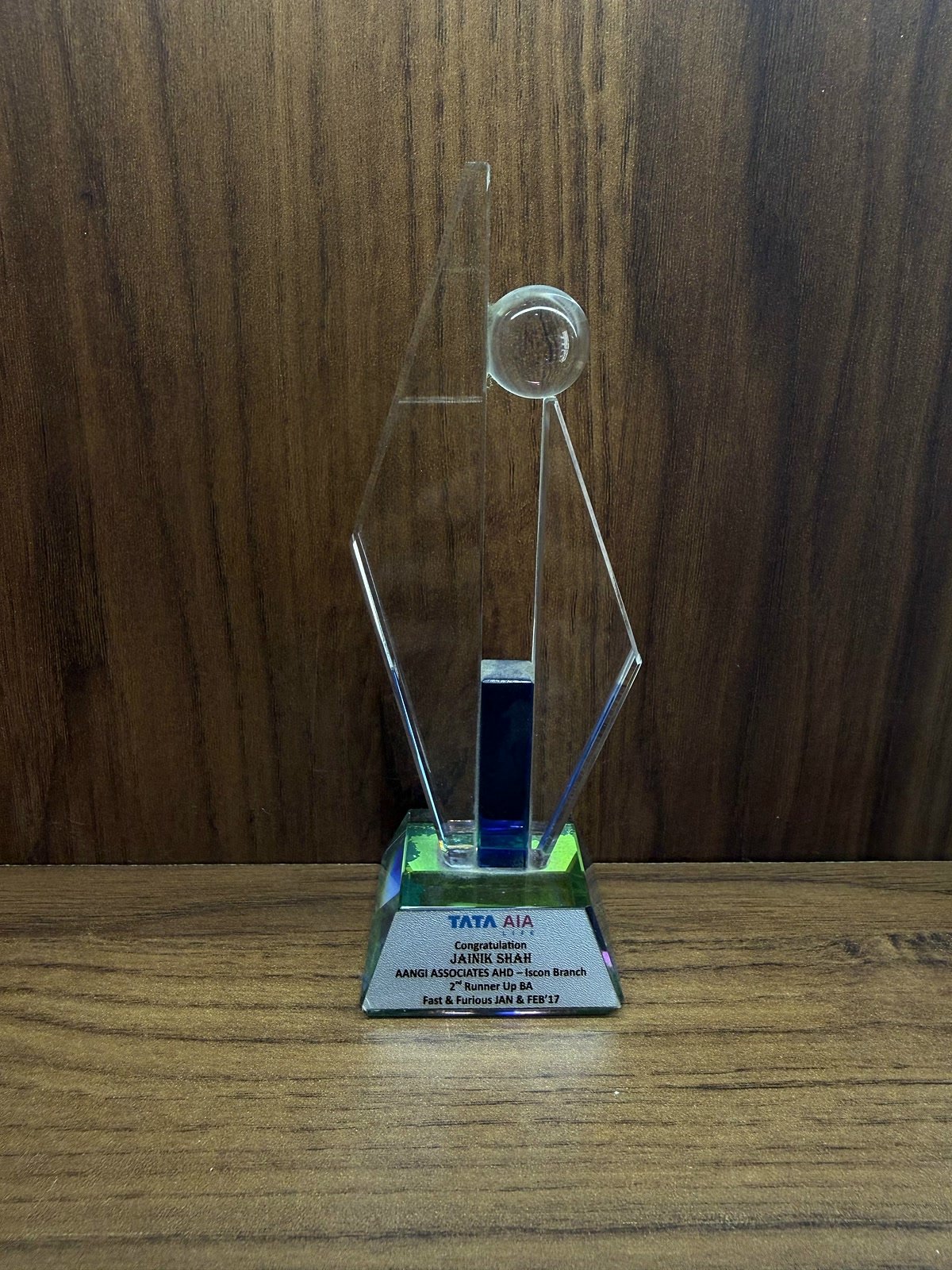 TATA AIA recognition award, glass trophy